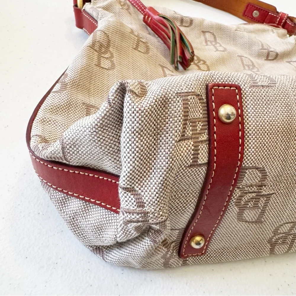 Dooney & Bourke Jacquard Logo Cream Red Tassel Hobo Bag